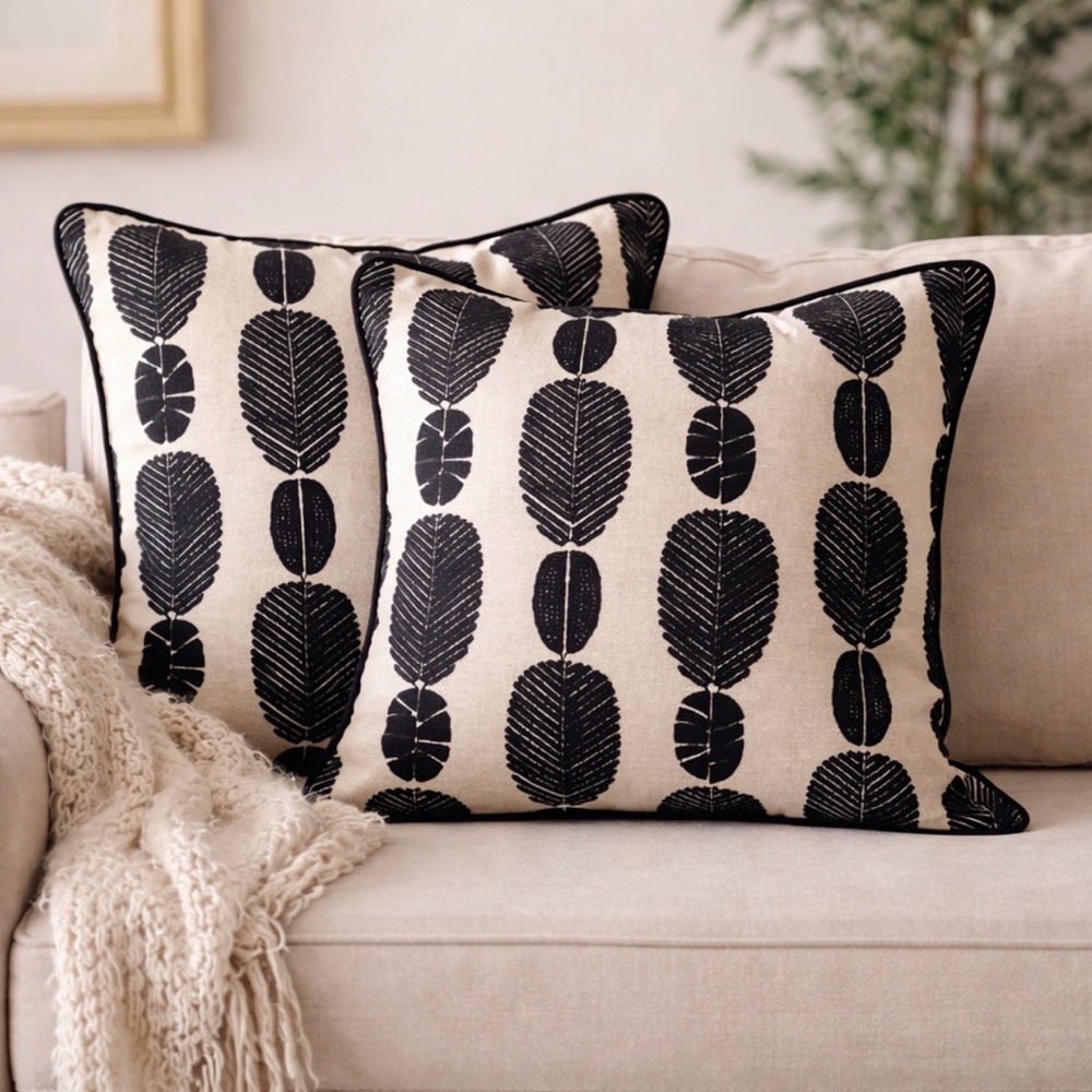 Set of 2 Black and Cream Leaf Embroidery Throw Pillows Cover